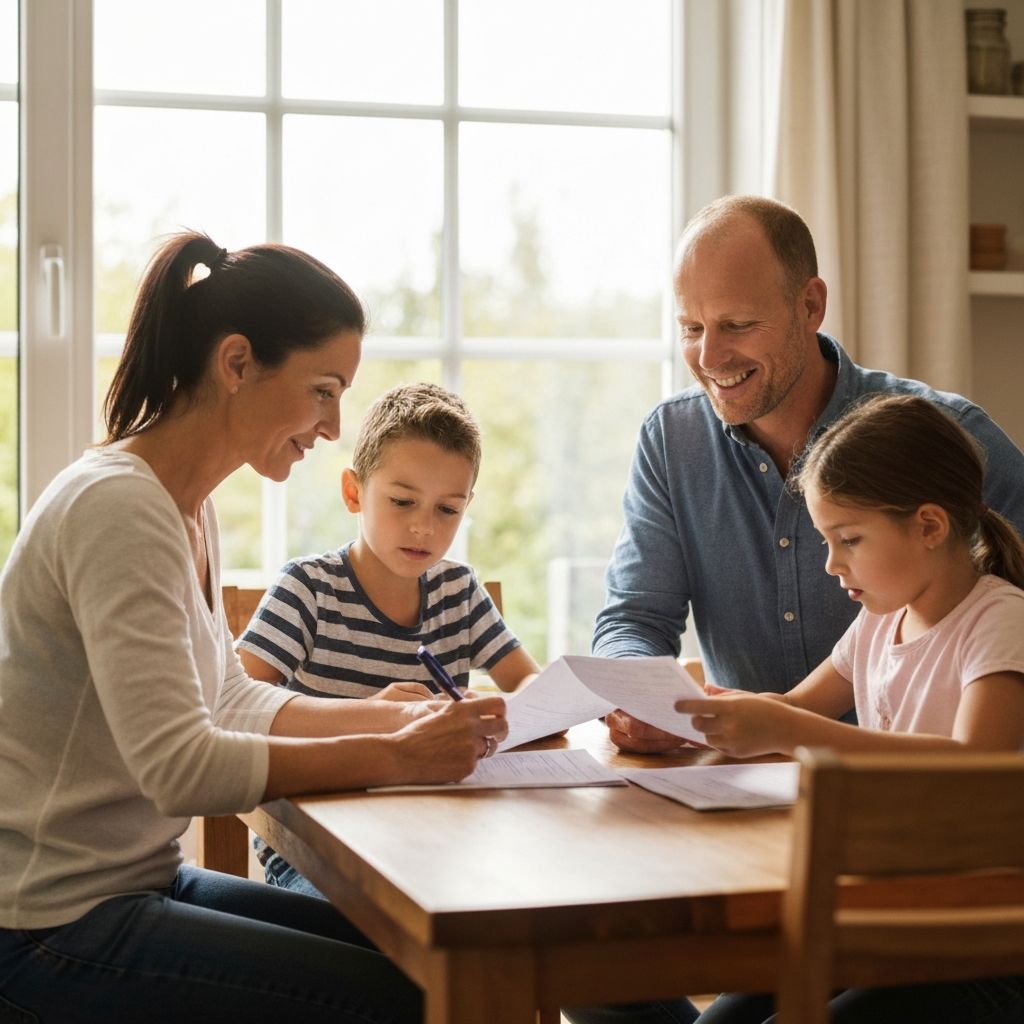 Family reviewing documents